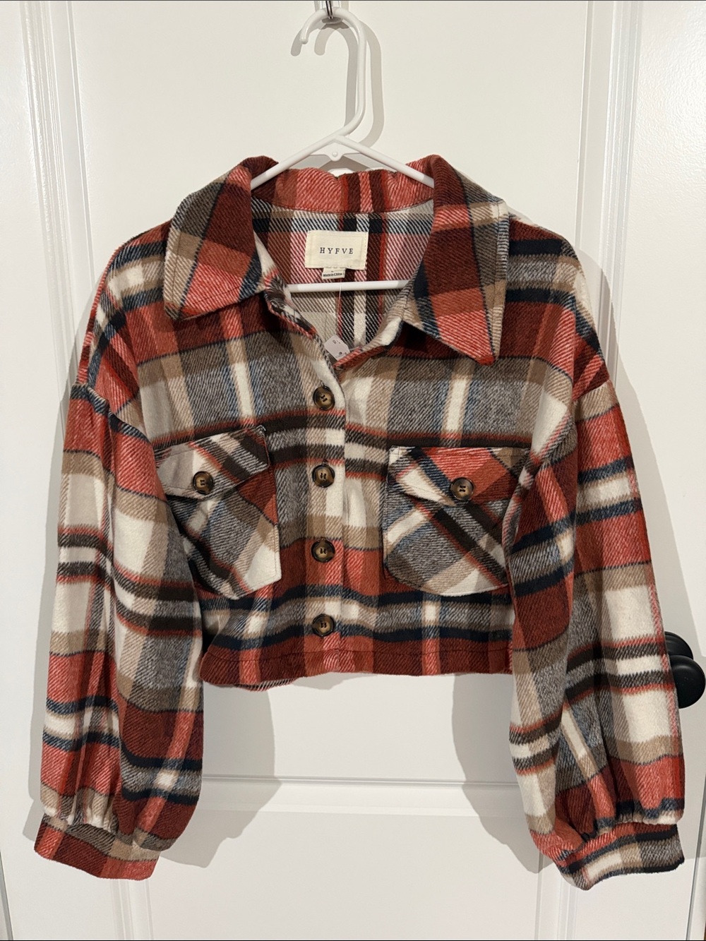 NWT Fall Plaid Cropped Jacket HYFVE Rust Cream Brown